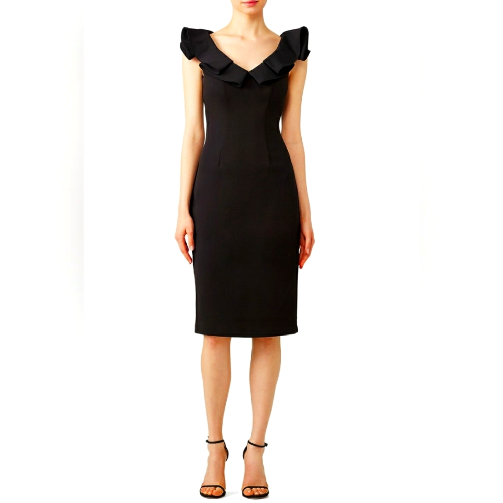 JS Collection Black Ruffle Neck Sheath Sz 12